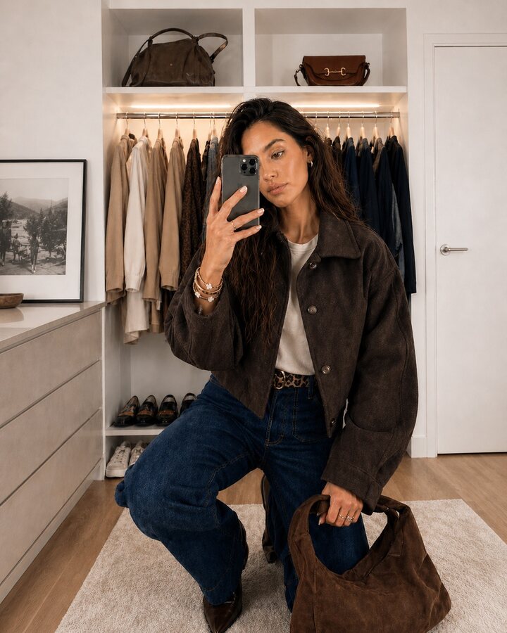 Abigail Jacobs taking an outfit mirror photo in a refined closet.