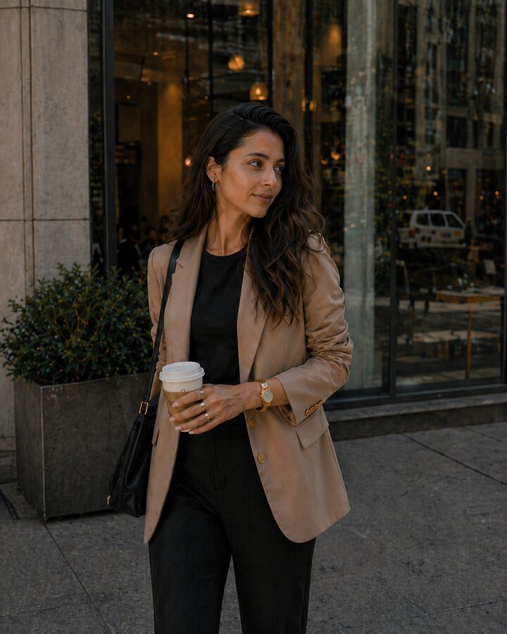 Abigail Jacobs holding coffee outside a glass New York building.